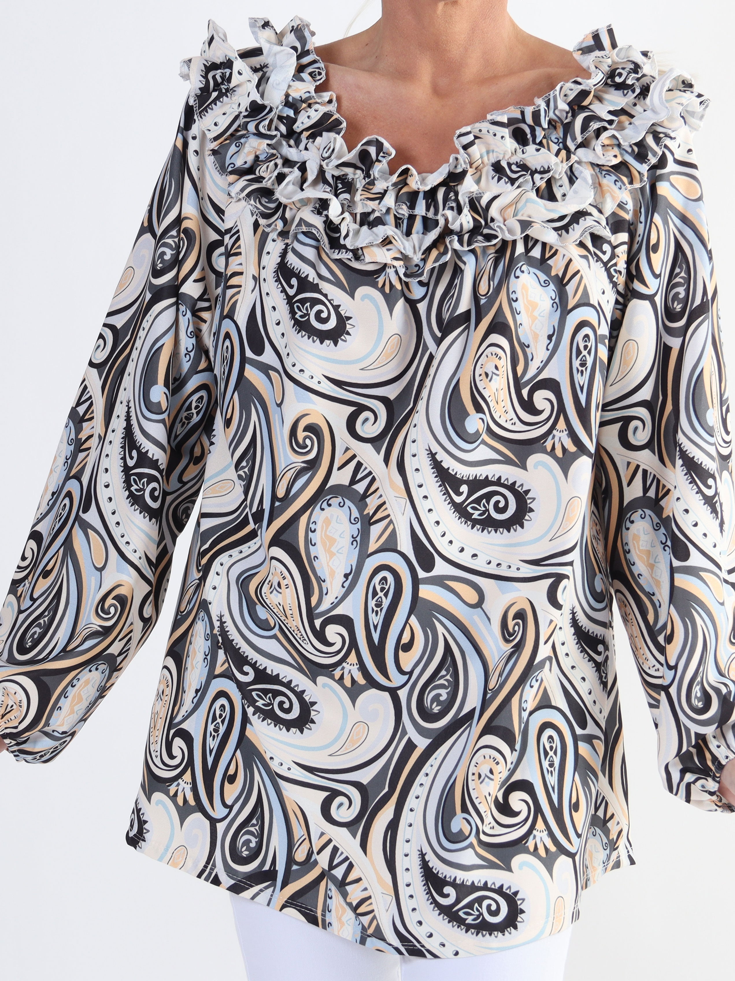 Chili Pattern - Långärmad mönstrad tunika med volanger för stora storlekar